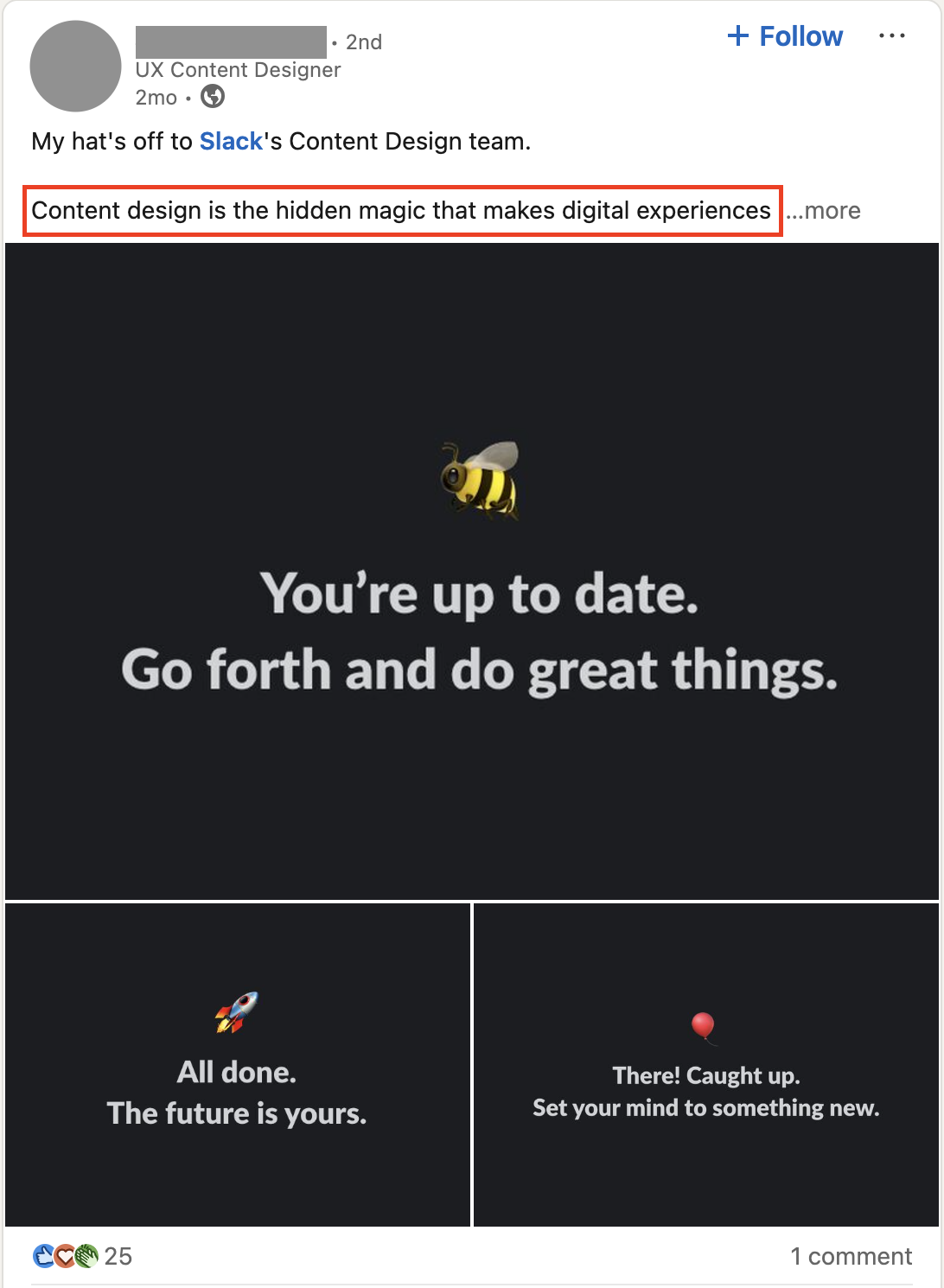 A LinkedIn post proclaiming that Content Design is 